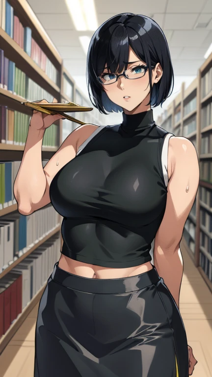 (library)、Super detailed illustrations、Super precise expression、masterpiece、highest quality、ultra high resolution、high resolution、(Sweat、body fluid)、shiny skin、(black hair、short cut hair、glasses、black croptop turtleneck、sleeveless、Standing picture、skirt、