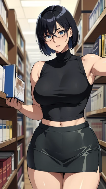 (library)、Super detailed illustrations、Super precise expression、masterpiece、highest quality、ultra high resolution、high resolution、(Sweat、body fluid)、shiny skin、(black hair、short cut hair、glasses、black croptop turtleneck、sleeveless、Standing picture、skirt、
