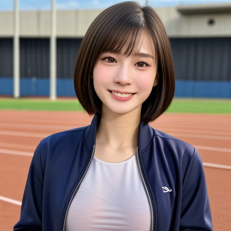 (kawaii 24 year-old Japanese girl, Nogizaka idol, Korean idol, track and field player), healthy female athlete body, glossy black hair, (very short hair, bangs:1.2), beautiful black eyes, rounded face, single eyelid, (no makeup:1.2), (big laughing), (long sleeved track jacket:1.3), extra small breasts, BREAK, (track and field stadium  background:1.2), (dynamic angle, bust shot:1.2), BREAK, (masterpiece, best quality, photo realistic, official art:1.4), (UHD, 8K quality wallpaper, high resolution, raw photo, golden ratio:1.3), (shiny skin), professional lighting, physically based rendering, award winning, (highly detailed skin texture, extremely detailed face and eyes textures), Carl Zeiss 85 mm F/1.4, depth of field, (1girl, solo),