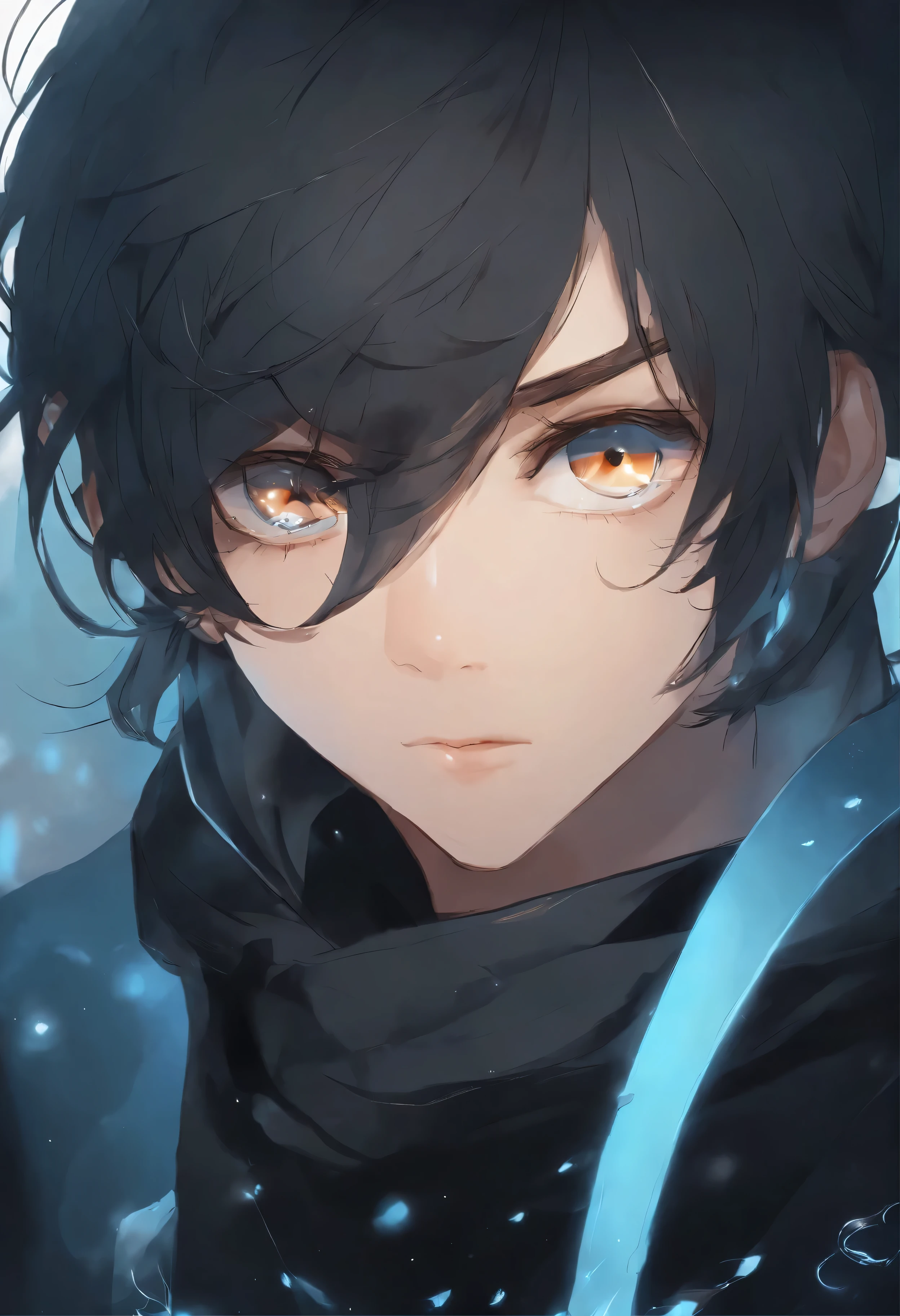 Garoto, , moletom preto, olhos azuis brilhantes, anime