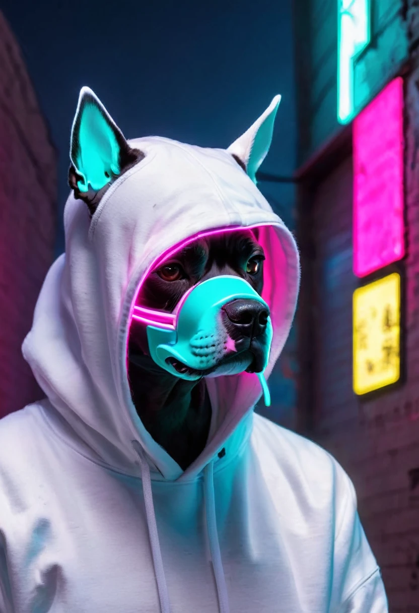 arafed man in a white hoodie with a neon mask on, neon, Profile photo, Lack of life, cara cara, neon operator, neon lit, ( ( cyberpunk ) ), nightlife, a house in the background with graffitied walls, accompanied by an angry pit bull dog,