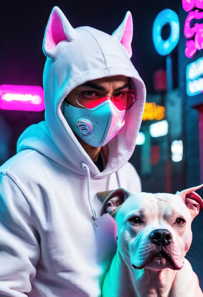 arafed man in a white hoodie with a neon mask on, neon, Profile photo, Lack of life, cara cara, neon operator, neon lit, ( ( cyberpunk ) ), nightlife, a house in the background with graffitied walls, accompanied by an angry pit bull dog,