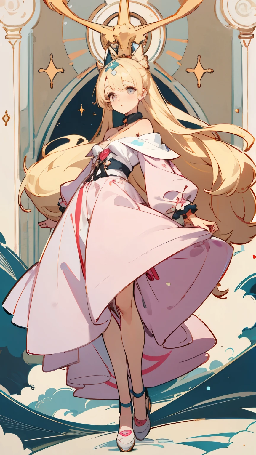a FULL BODY impersonation of THE ICON, inspirado en PARIS HILTON, anime style and with the aesthetic concept of OFF by IVE SWITCH AND MAGIC GIRL full body LONG BLONDE HAIR, rostro detallado, OJOS DETALLADOS, SIN FONDO  pink cute clothes