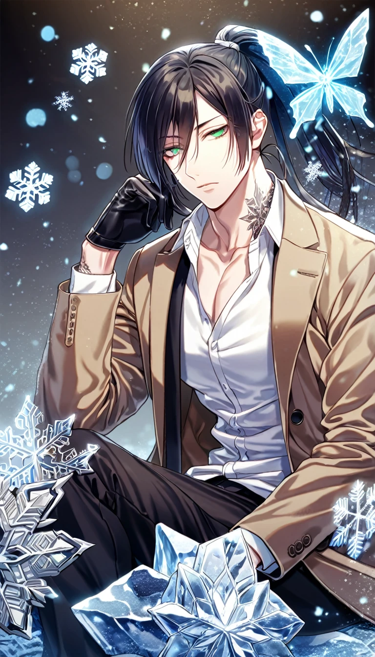 Ultra detailed, HDR, Highres, absurdres, master piece, Ginoza Nobushika, black hair tied in a ponytail, expressive green eyes, Psycho Pass, ice butterflies, winter, ice, snowflakes, white flowers, sexy man, solo, extremely detailed face and eyes, handsome, glittering, toned chest, white shirt, tattoo on his neck, brown coat, black necktie, sitting, black pants, black gloves