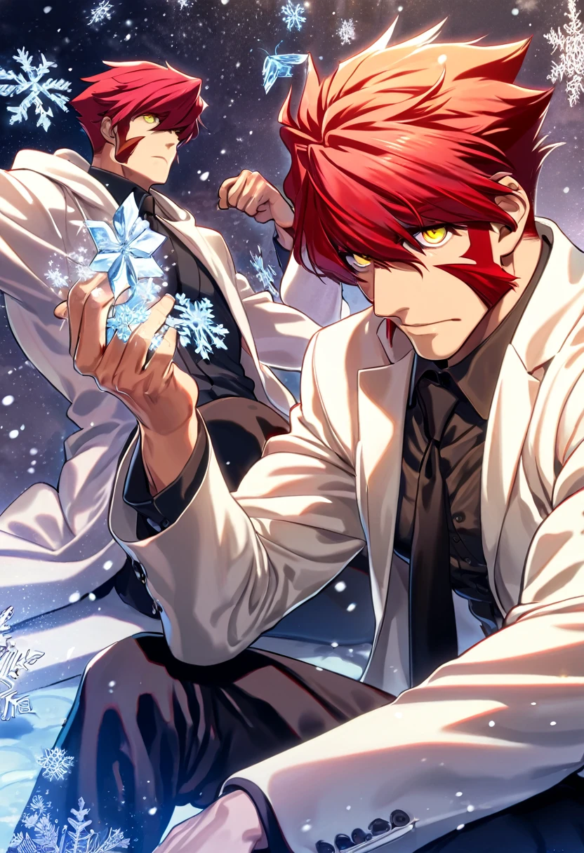 absurdres, highres, ultra detailed, HDR, master piece, best quality, extremely detailed face and eyes, Klaus Von Reinhertz, red hair, expressive yellow eyes, Kekkai Sensen, solo, sexy man, handsome, toned chest, white coat, black necktie, black shirt, sitting, ice cross, ice butterflies, snowing, snowflakes, magical, ice flowers