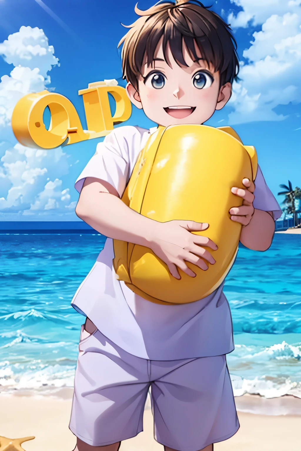 Ocean world with father and child playing on the beach, father and child with smiles on their faces, father's day poster, cute, childlike, sunny beach, cloud covered with cheesy milk, illustration style, C4D, 0C rendering, HD 8K, --ar 3:4 --s 250 --q 2 --s 750