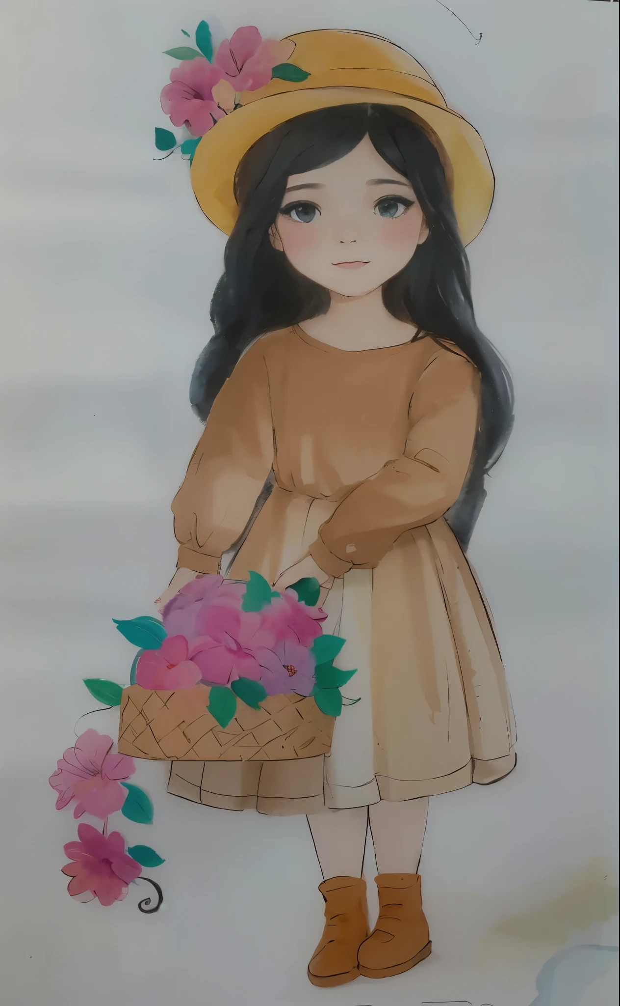 desenho de uma com uma cesta de flores, com seus cabelos negros cacheados, usando chapeu, watercolored, pastel artwork, colored sketch, colorized pencil sketch