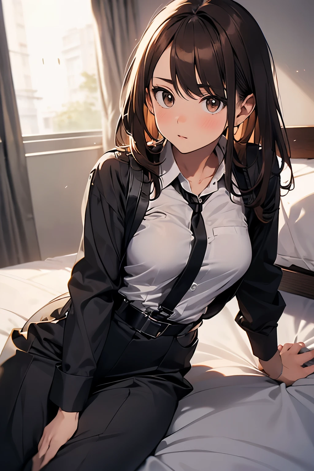 Brown Hair、Staring at the audience　　　Black suspenders　　　bulging big breasts　　 　 　　　wall: 　Black pantsuit　　　　　　sight　　　Small face　 　　　holster　　　Beautiful woman　　Show your hand　　 Lying in bed　　sight 　　Taunt　side　side汗 　arm　Dress shirt　Black Suit　belt