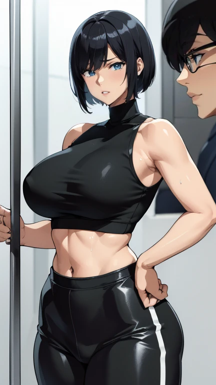 (public gym)、Super detailed illustrations、Super precise expression、masterpiece、highest quality、ultra high resolution、high resolution、(Sweat、body fluid)、shiny skin、(black hair、short cut hair、glasses、black croptop turtleneck、sleeveless、Standing picture、hot pants、