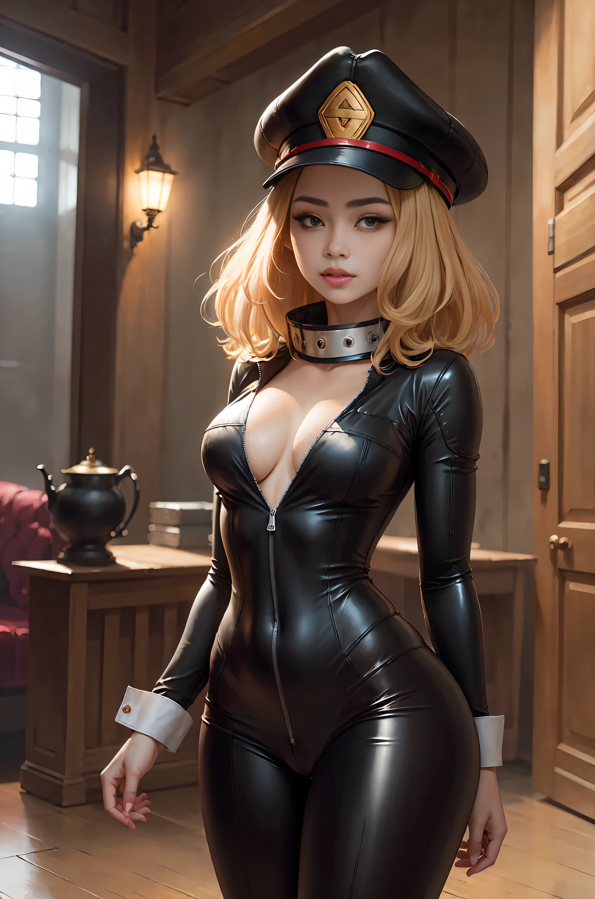 obra maestra, Mejor calidad, vaquero disparado en solitario, 1 chica, camie utsushimi, cintura delgada, escote, Figura de reloj de arena, gorra, pelo rubio, Brown eyes, traje de latex