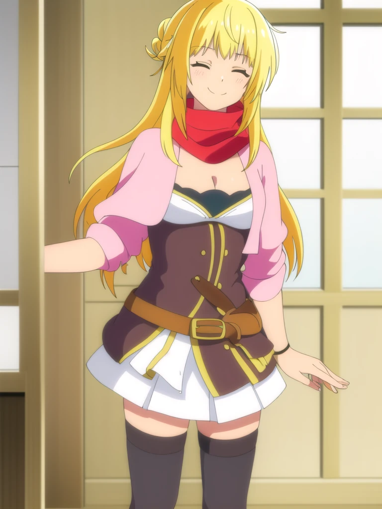 (((Best quality))),((Ultra-detailed)),((illustration)),((Disheveled hair)),((frilld)),(1 girl),
 1girl , black legwear , blonde hair , braid , breasts , cape , cleavage , closed eyes , hair bun , indoors , long hair , medium breasts , red scarf , scarf , skirt , sliding doors , smile , solo , standing , tatami , thighhighs , white skirt , window , wristband ,