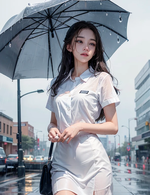 (RAW Shooting, Photo realism:1.5, 8K, best quality, masterpiece, Ultra-high resolution), Perfect dynamic composition:1.2, night, Street corner, look up at the sky:1.3, (((Typhoon Heavy Rain))), Highly detailed skin and facial texture:1.2, Slim high school gets wet in the rain:1.3, Sexy Beauty:1.2, Perfect style, beautiful and aesthetic, White skin, Very beautiful face, (Raindrops falling on me:1.2, Wet hair:1.3, wet school uniform:1.2), Water droplets on skin, (Medium bust, chest gap), (Awkward smile, Your facial expression when you feel a strong touch, Happy facial expressions), (Beautiful blue eyes, Feeling beautiful eyes:0.8), (Too:0.9, Charm:0.9), Small bag, Cowboy shooting, Perfect limbs, Perfect fingers