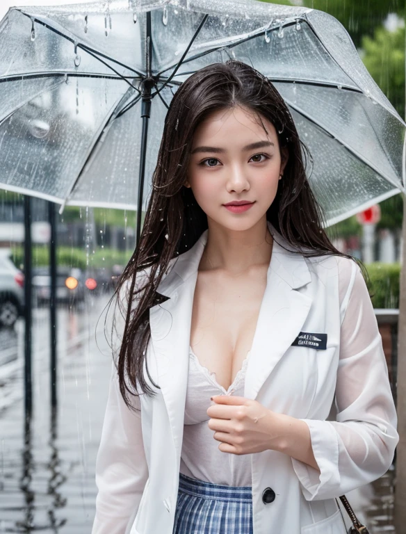 (RAW Shooting, Photo realism:1.5, 8K, best quality, masterpiece, Ultra-high resolution), Perfect dynamic composition:1.2, night, Street corner, look up at the sky:1.3, (((Typhoon Heavy Rain))), Highly detailed skin and facial texture:1.2, Slim high school gets wet in the rain:1.3, Sexy Beauty:1.2, Perfect style, beautiful and aesthetic, White skin, Very beautiful face, (Raindrops falling on me:1.2, Wet hair:1.3, wet school uniform:1.2), Water droplets on skin, (Medium bust, chest gap), (Awkward smile, Your facial expression when you feel a strong touch, Happy facial expressions), (Beautiful blue eyes, Feeling beautiful eyes:0.8), (Too:0.9, Charm:0.9), Small bag, Cowboy shooting, Perfect limbs, Perfect fingers