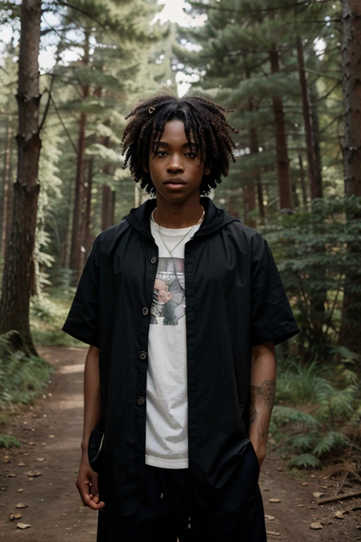 Black anime boy with curly hair so long it covers his eye, his clothes are 2000s style and he is in a forest