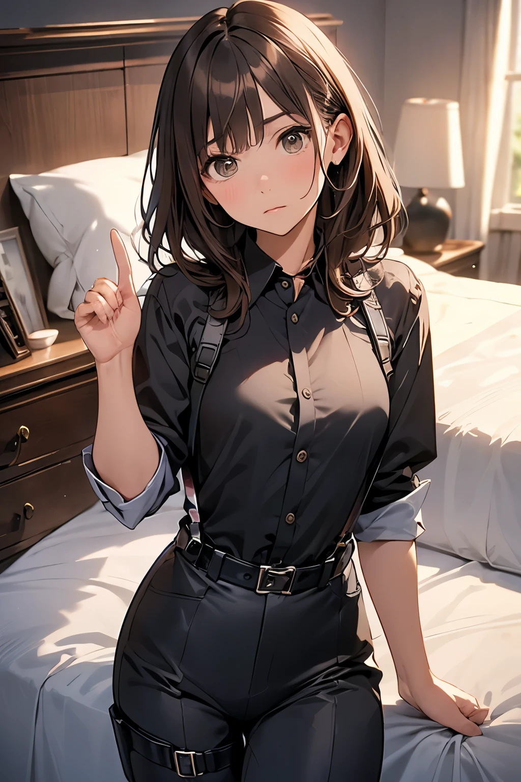 Brown Hair、Staring at the audience Black suspenders bulging big breasts wall: Black pantsuit sight Small face holster Beautiful woman Show your hand Lying in bed sight Taunt side side汗 arm Dress shirt Black Suit belt