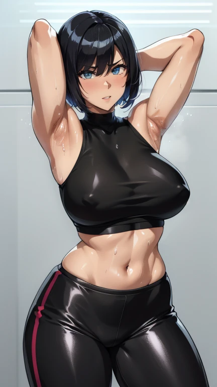 (public gym)、Super detailed illustrations、Super precise expression、masterpiece、highest quality、ultra high resolution、high resolution、(Sweat、body fluid)、shiny skin、black hair、short cut hair、black croptop turtleneck、sleeveless、Standing picture、hot pants、put hands behind head, armpits, armpits visible, sweaty armpits,