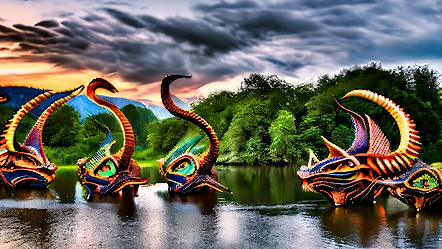 ，A bunch of dragon heads stood by the river，Weird，Camera Filters