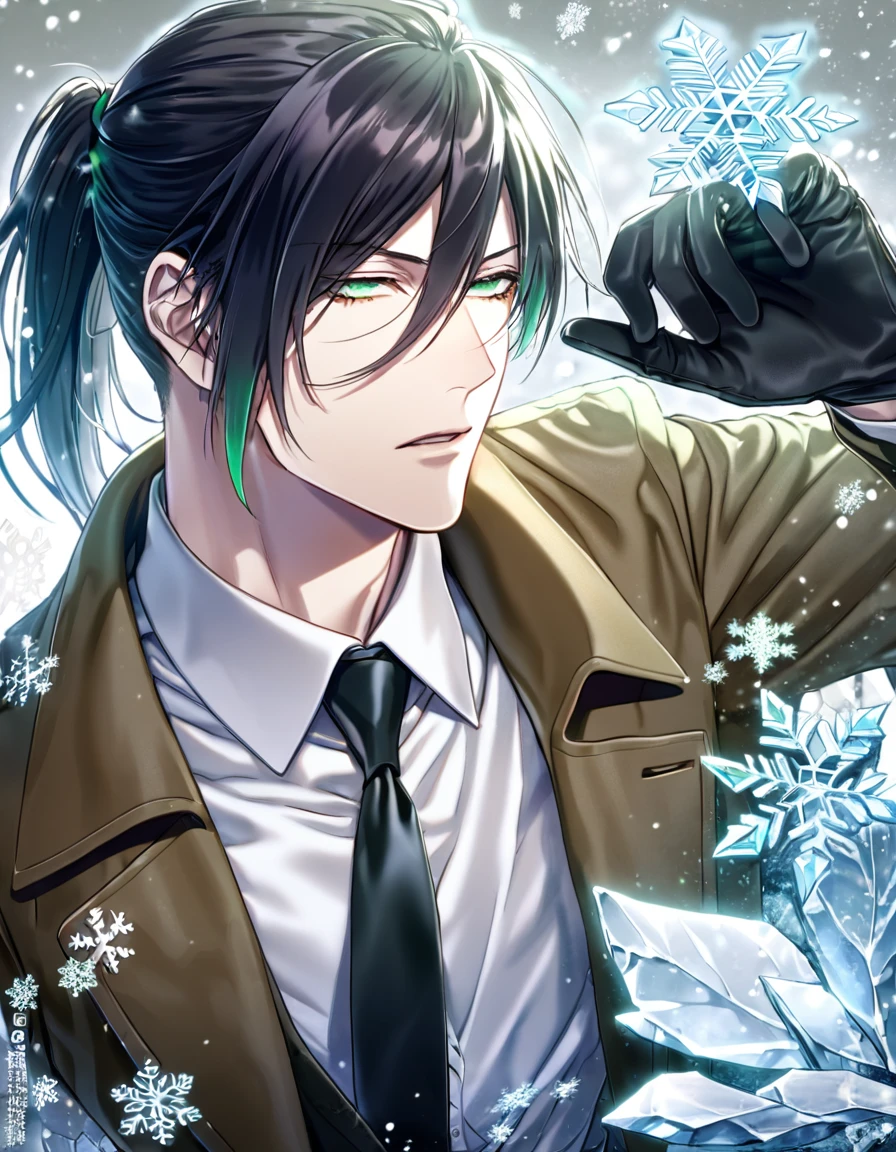 Ultra detailed, HDR, Highres, absurdres, master piece, Ginoza Nobushika, black hair tied in a ponytail, expressive green eyes, Psycho Pass, ice butterflies, winter, ice, snowflakes, white flowers, sexy man, solo, extremely detailed face and eyes, handsome, glittering, toned chest, white shirt, brown coat, black necktie, black gloves