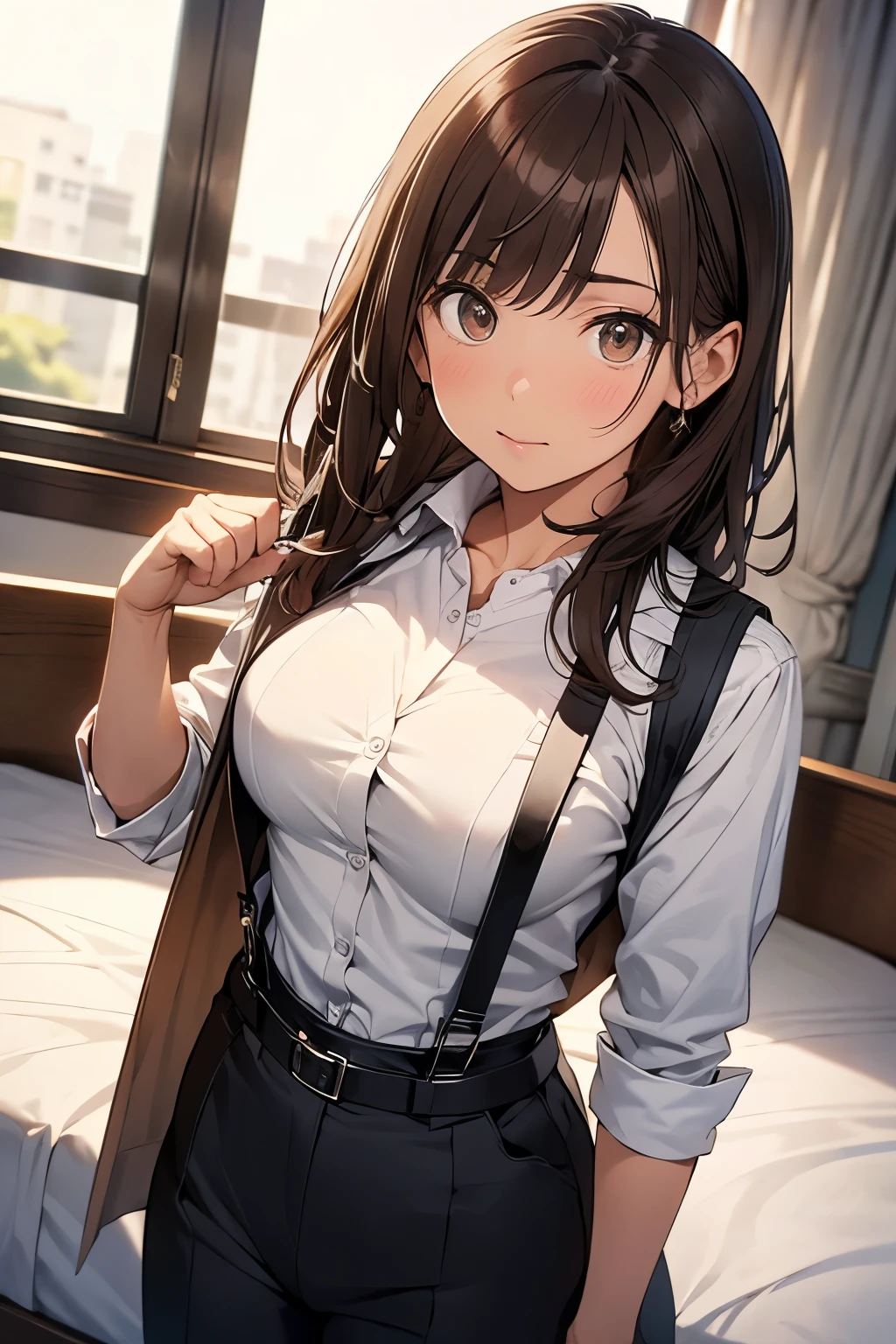 Brown Hair、Staring at the audience　　　Black suspenders　　　bulging big breasts　　 　 　　　wall: 　Black pantsuit　　　　　　sight　　　Small face　 　　　holster　　　Beautiful woman　　Show your hand　　 Lying in bed　　sight 　　Taunt　side　side汗 　arm　Dress shirt　Black Suit　belt