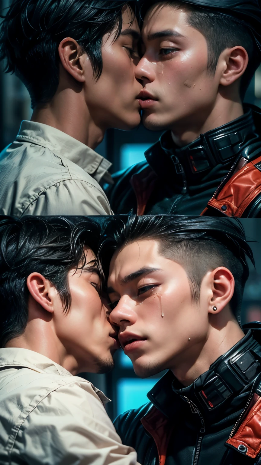 best quality, masterpiece, 8K, HD, two men, two males, close up of 25 year-old korean men, kissing passionately, masculine, stylish hair, tears streaming down face, sexy, gay, homoerotic, cyberpunk style, vibrant colors, intrictae details, perfection