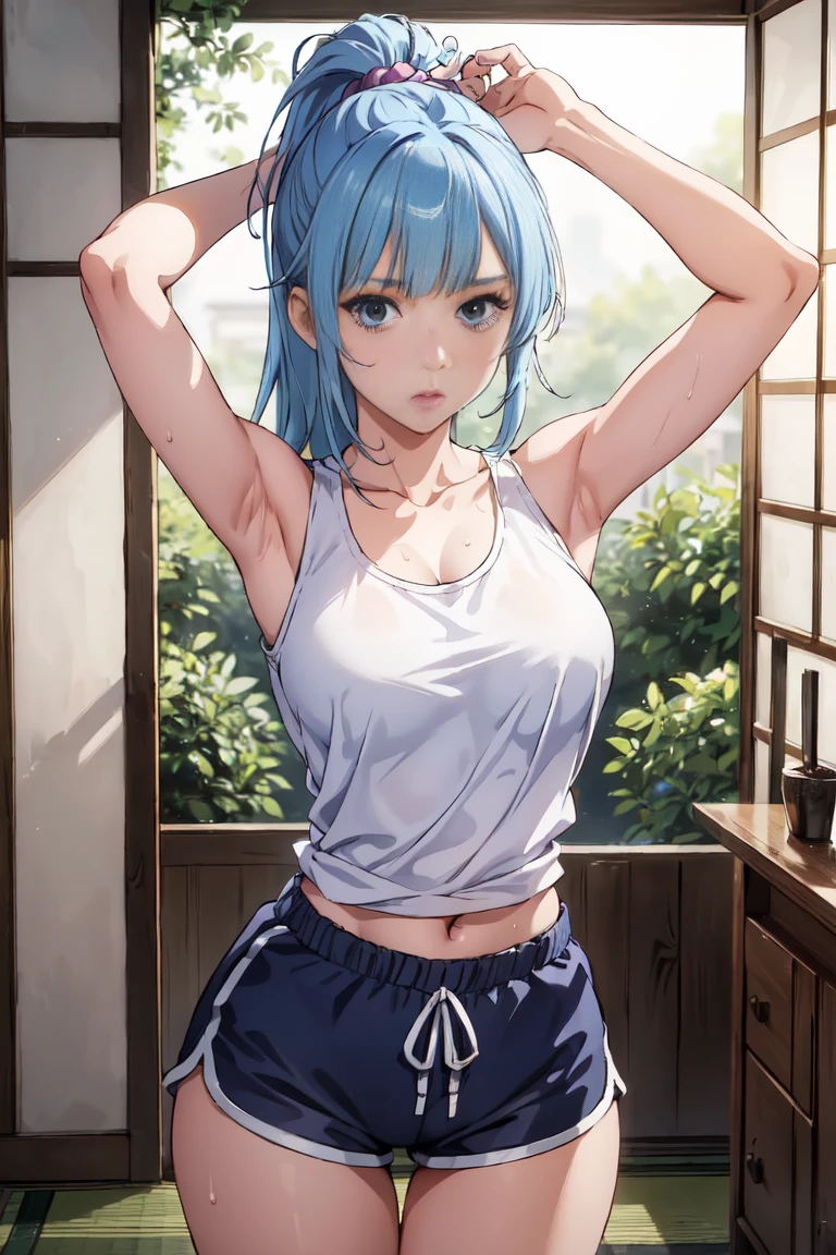 (extremely detailed CG unity 8k wallpaper),(masterpiece),(best quality),(ultra-detailed),(best illustration),(best shadow),(absurdres),  Kasumi, 1girl, solo, blue hair, long hair, blue eyes, holding, bangs, blunt bangs, indoors, upper body, straight hair, tanktop, sleeveless, collarbone, bare shoulder, Standing in bedroom , large breasts, Extremely wide hips, thick thighs, facing camera, looking at viewer, (wide hips), beautiful japanese garden background, dolfine shorts, dshorts, lips seperated, cleavege, athletic shorts, Extremely tight shorts,booth shorts, perfect face, kasumi miwa, miwa, handsome on head, arms up, sweating ,hot, ponytail,36 year old mature woman, medium breasts, lips seperated