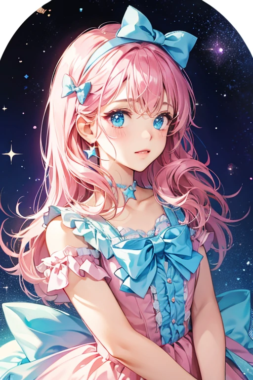 pink and wears a blue bow on its head. star details; SPARKLE; GLITTER