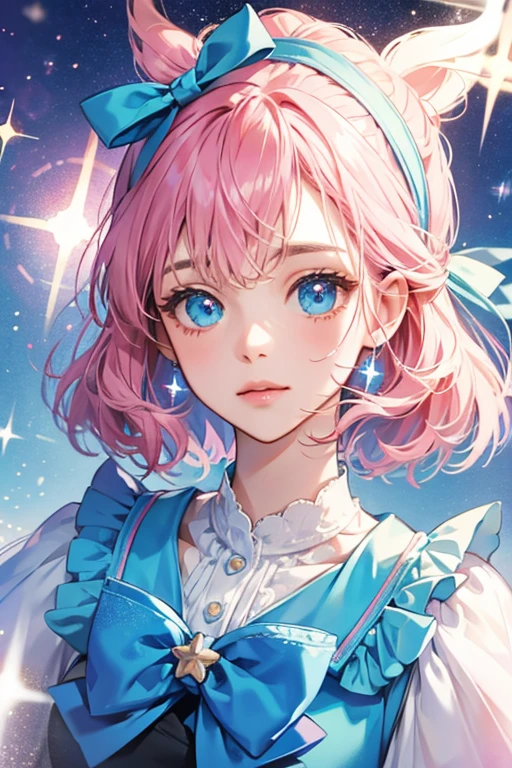 pink and wears a blue bow on its head. star details; SPARKLE; GLITTER