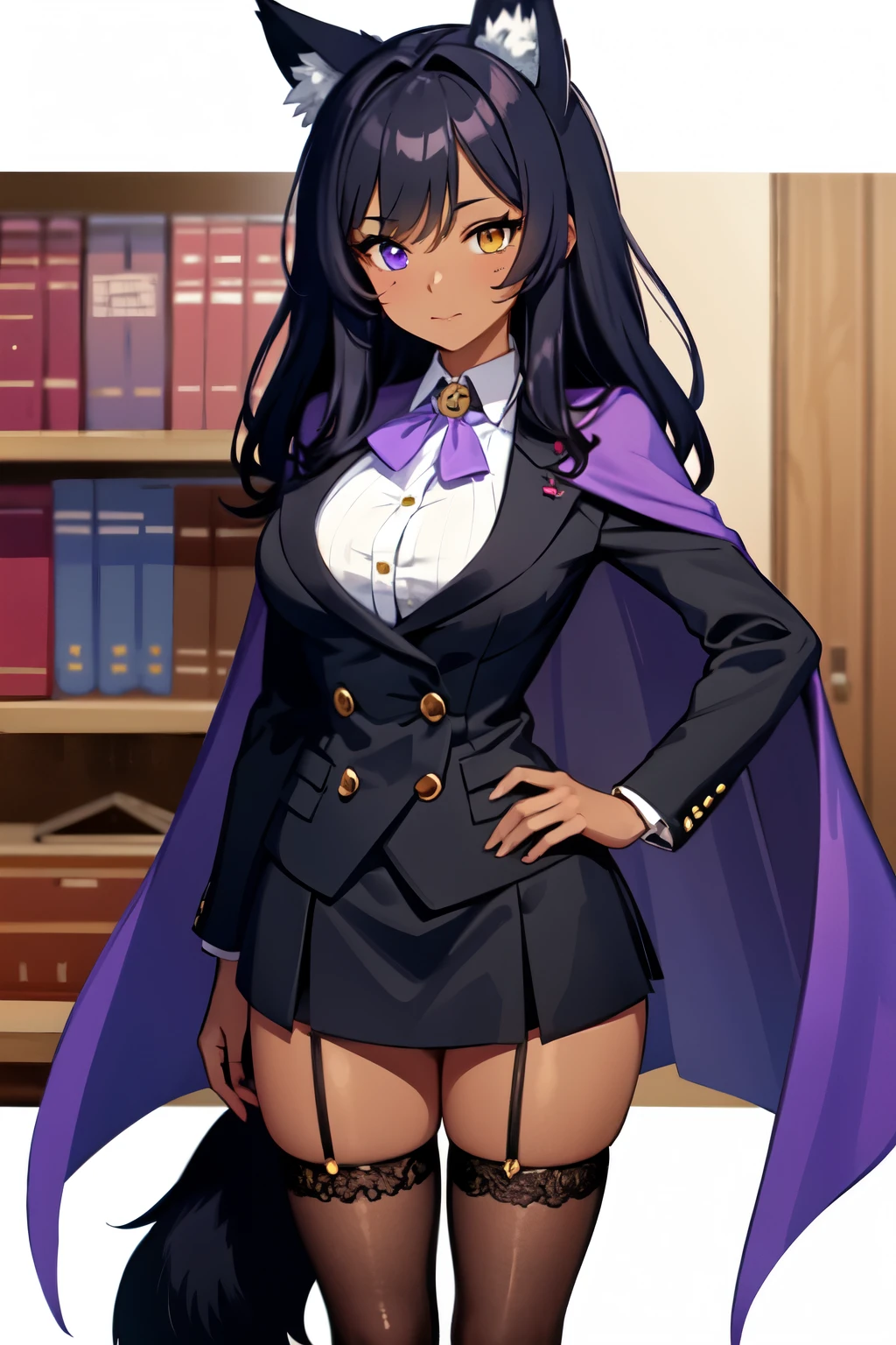 dark brown skin, tan skin, woman, tall, wolf ears, big wolf ears, black wolf tail, black button up jacket, short skirt, dark purple skirt, purple jacket, cape, buttons, shy, heterochromia, gold eye, purple eye, black hair, bangs, blue hair highlights, purple hair highlights, dark brown skin, tan skin, messy hair, shaggy hair, full stockings, striped stockings, awkward, library, zoroark, long hair, purple cravat