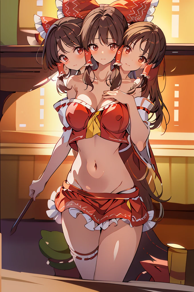 (masterpiece, best quality), best quality, (ultra-detailed), (3heads:1.5), 1girl, (hakurei reimu:1.3), masterpiece, best quality, ultra quality, ultra resolution, ultra deatil, red top, crop top, ((stomach)), midriff, ((groin)), red skirt, normal ears, shackles, brown hair, very long hair, wavy hair, sidelocks, brown eyes, detailed eyes, parted lips, sweat, cute, toned belly, hand on own chest, eyelashes, (24 year old woman:1.3), (masterpiece:1.5), (best quality:1.5), (beautiful detailed), extremely detailed CG, extremely delicate and beautiful, depth of field, (finely detailed face), (perfect details:1.2), (mature female:1.3), wide pelvis, slender, large veiny breast, 16k resolution, highres, high quality, high definition, extremely detailed, masterpiece, brown hair, long hair, alluring presence, braid, short skirt, close up, big tits, young, red bow, frilled bow, hair tubes,