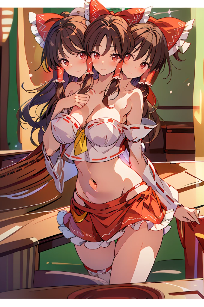 (masterpiece, best quality), best quality, (ultra-detailed), (3heads:1.5), 1girl, (hakurei reimu:1.3), masterpiece, best quality, ultra quality, ultra resolution, ultra deatil, red top, crop top, ((stomach)), midriff, ((groin)), red skirt, normal ears, shackles, brown hair, very long hair, wavy hair, sidelocks, brown eyes, detailed eyes, parted lips, sweat, cute, toned belly, hand on own chest, eyelashes, (24 year old woman:1.3), (masterpiece:1.5), (best quality:1.5), (beautiful detailed), extremely detailed CG, extremely delicate and beautiful, depth of field, (finely detailed face), (perfect details:1.2), (mature female:1.3), wide pelvis, slender, large veiny breast, 16k resolution, highres, high quality, high definition, extremely detailed, masterpiece, brown hair, long hair, alluring presence, braid, short skirt, close up, big tits, young, red bow, frilled bow, hair tubes,