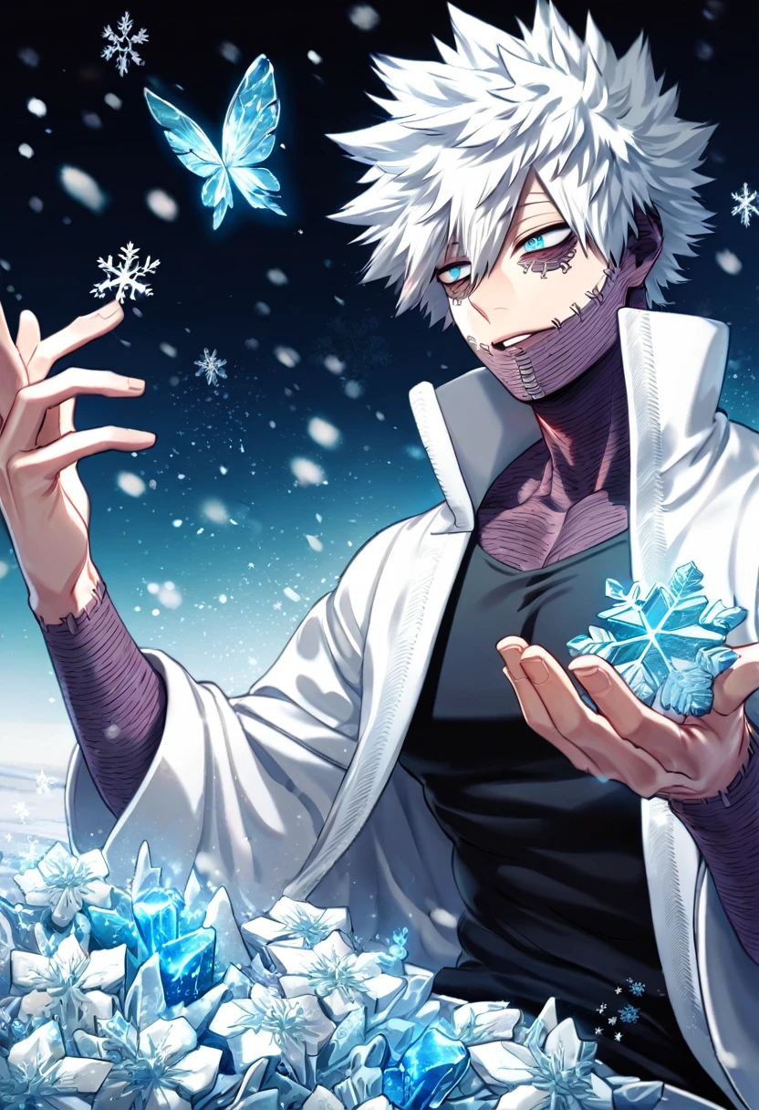 absurdres, highres, ultra detailed, HDR, master piece, best quality, Dabi, white hair spiked around his head, expressive turquoise eyes, Boku No Hero Academia, solo, sexy man, handsome, toned chest, white coat with high collar, black tight shirt, sitting, ice cross, ice butterflies, snowing, snowflakes, magical, ice flowers