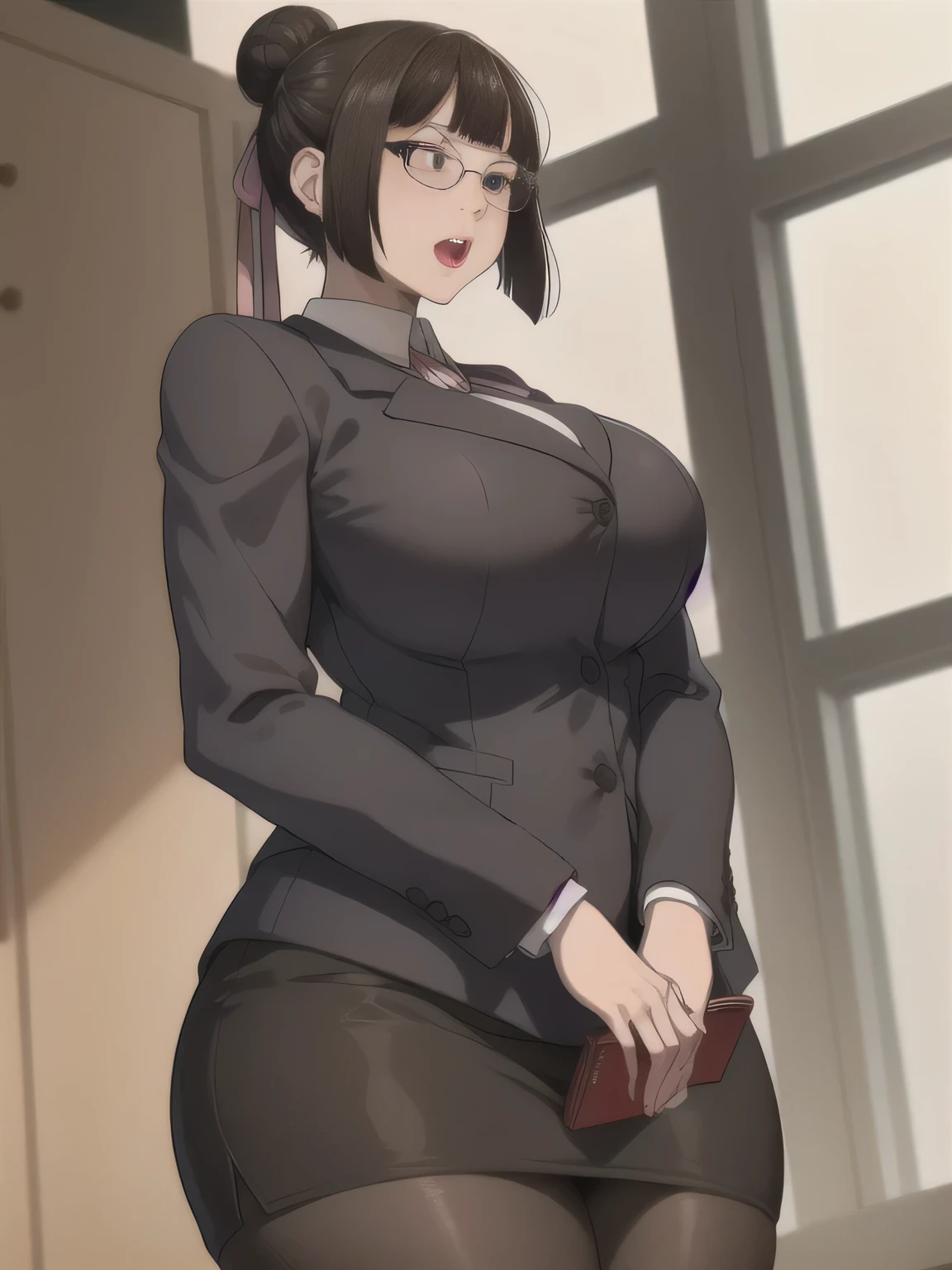(highres, high quality:1.3), intricate details, cinematic lighting, sharp focus, depth of field,
KuroseKatsuko, 1girl, solo, mature female, looking at viewer, standing, from below, cowboy shot, complex background, park, sky, tree, city,
serious, embarrassed, blush, holding book, open mouth,
[brown|black] hair, short hair, blunt bang, hair bun, ribbon, makeup, lipstick, eyelashes, brown eyes, detailed eyes, glasses, perfect face,
suit, jacket, skirt, black pantyhose,
huge breasts, curvy, chubby, thighs, 
