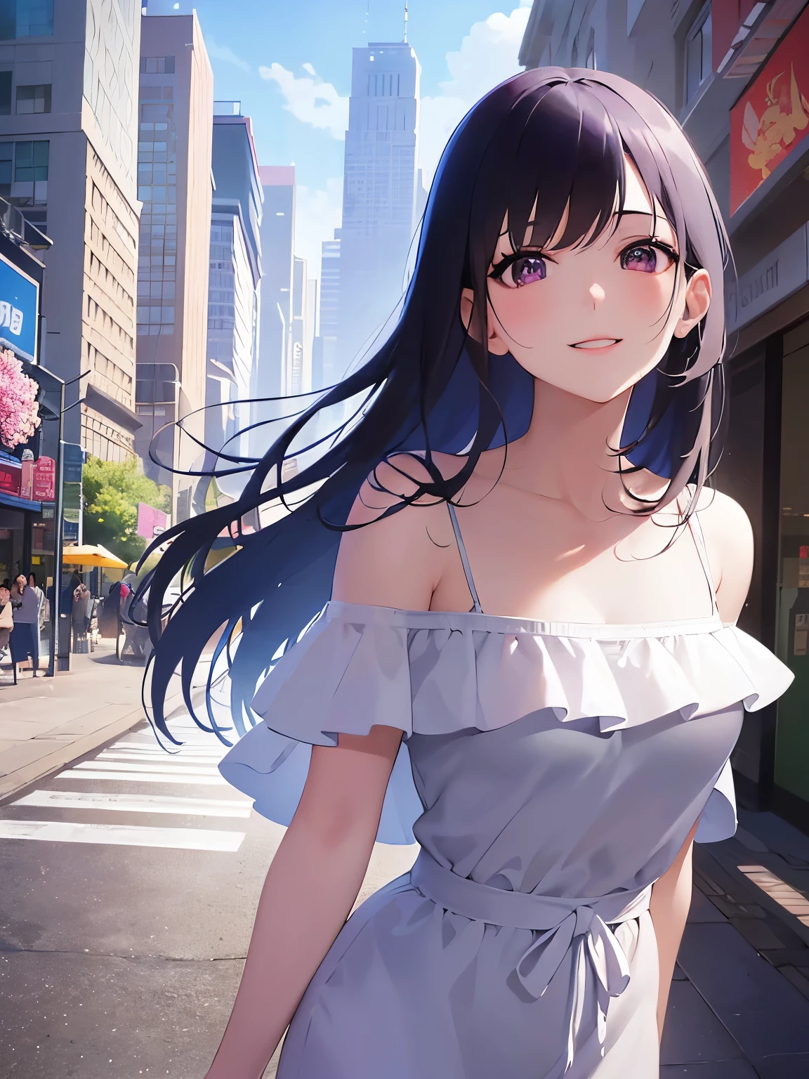 highest quality、masterpiece、(Pink off-shoulder dress:1.5), Realistic, real person, (pale skin: 1.2), RAW photo, photorealistic, shiny skin, shiny hair、(A 26-year-old woman with straight hair and bangs) and (medium hair) and (black hair) and (purple eyes) ,nsfw,(smile:1.2)and(:d) ,(drooling:0.6),(sweat:0.8)、Walking、The background is the city、Alone、looking up