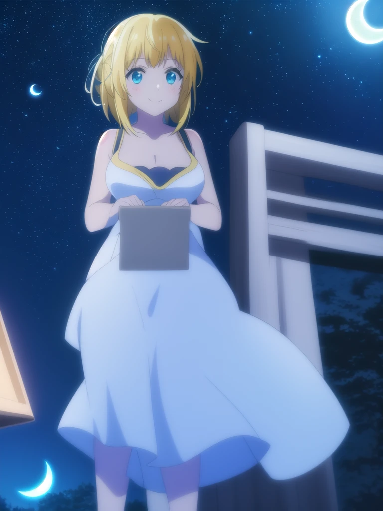 (((Best quality))),((Ultra-detailed)),((illustration)),((Disheveled hair)),((frilld)),(1 girl), 1girl , aerial fireworks , astronaut , aurora , bare shoulders , blonde hair , blue eyes , breasts , city lights , cityscape , cleavage , cloud , collarbone , constellation , crescent , crescent moon , desert , dress , earth \(planet\) , fireflies , fireworks , full moon , galaxy , gradient sky , large breasts , light particles , looking at viewer , milky way , moon , moonlight , night , night sky , onsen , outdoors , planet , rocket , shooting star , short hair , sky , skyline , skyscraper , smile , snowing , solo , space , space craft , space helmet , spacesuit , star \(sky\) , star \(symbol\) , starry background , starry sky , starry sky print , tanabata , tanzaku , telescope , twilight , ufo , white dress ,