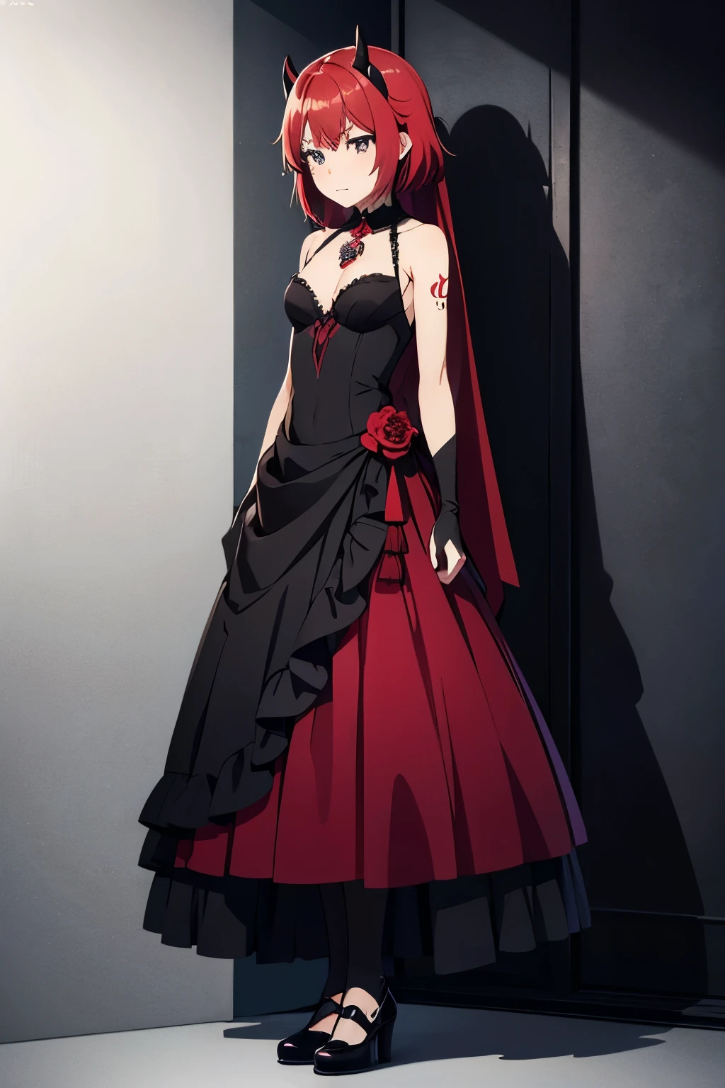 This character is a teenage girl with horns that are 13.2 centimeters high and 1.28 centimeters thick. The horns are located on the upper left side of her head, showing remnants of her previous life as a Hollow helmet. 
Ella tiene corto, rojo y Fuego carmesí

Her hair is short and reaches her shoulders. She has small breasts, approximately 2 and 1.5 centimeters high and 1.10 centimeters thick. She is 20 years a woman in a red and black dress with a veil, gothic maiden anime girl, cute anime waifu in a nice dress, anime girl wearing a black dress, wearing fantasy formal clothing, grayscale phtoto with red dress, an elegant gothic princess, rias gremory, black red white clothes, my dress up darling anime, full body adoptable, outfit design

(Estos tatuajes de cuerpo 8.9 great attention to detail.)  


