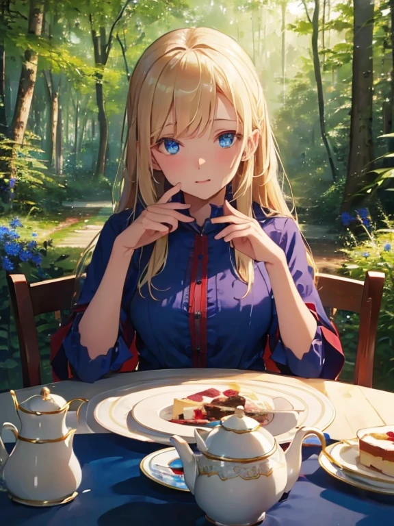 (8k, highest quality, Tabletop:1.2)、Ultra-high resolution, Detailed face, One 75-year-old woman, blue eyes, Blonde, Long Hair, Red dress, blue sky, in the forest, wood々, table cloth, Set of cake and tea on the table, Sit on a chair