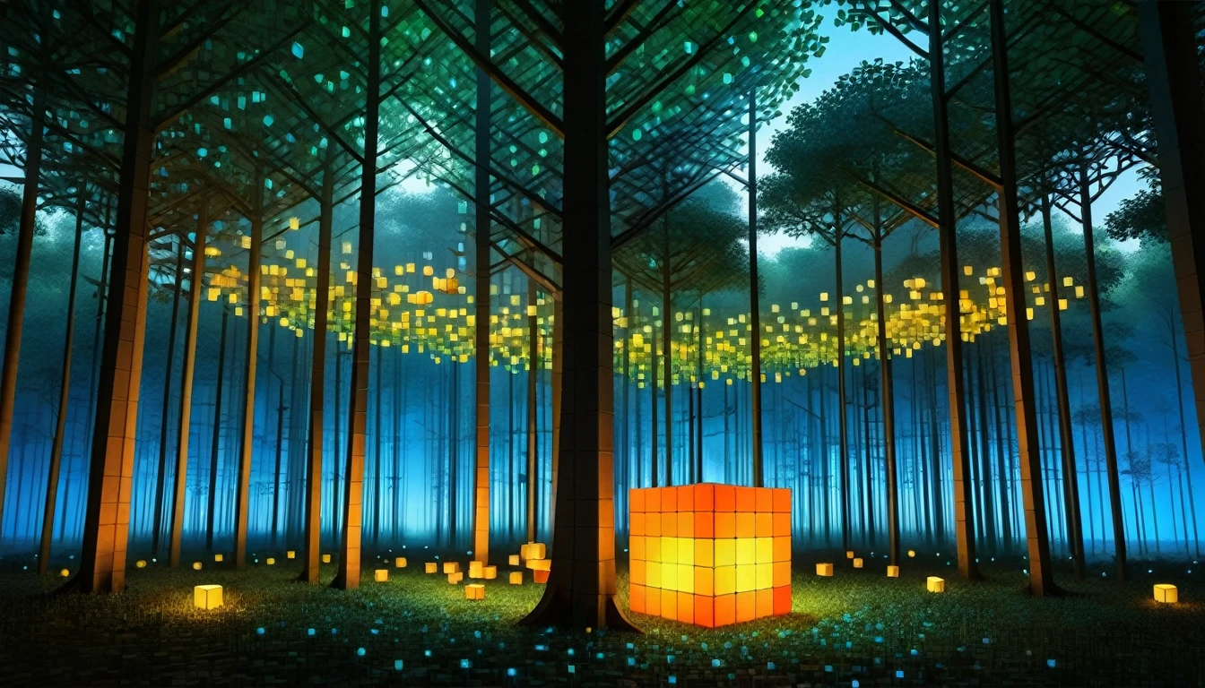 RAL-3D Cube Tree々An enchanting forest with wildlife, There is a river nearby,Surrounded by the fantastic light of fireflies 