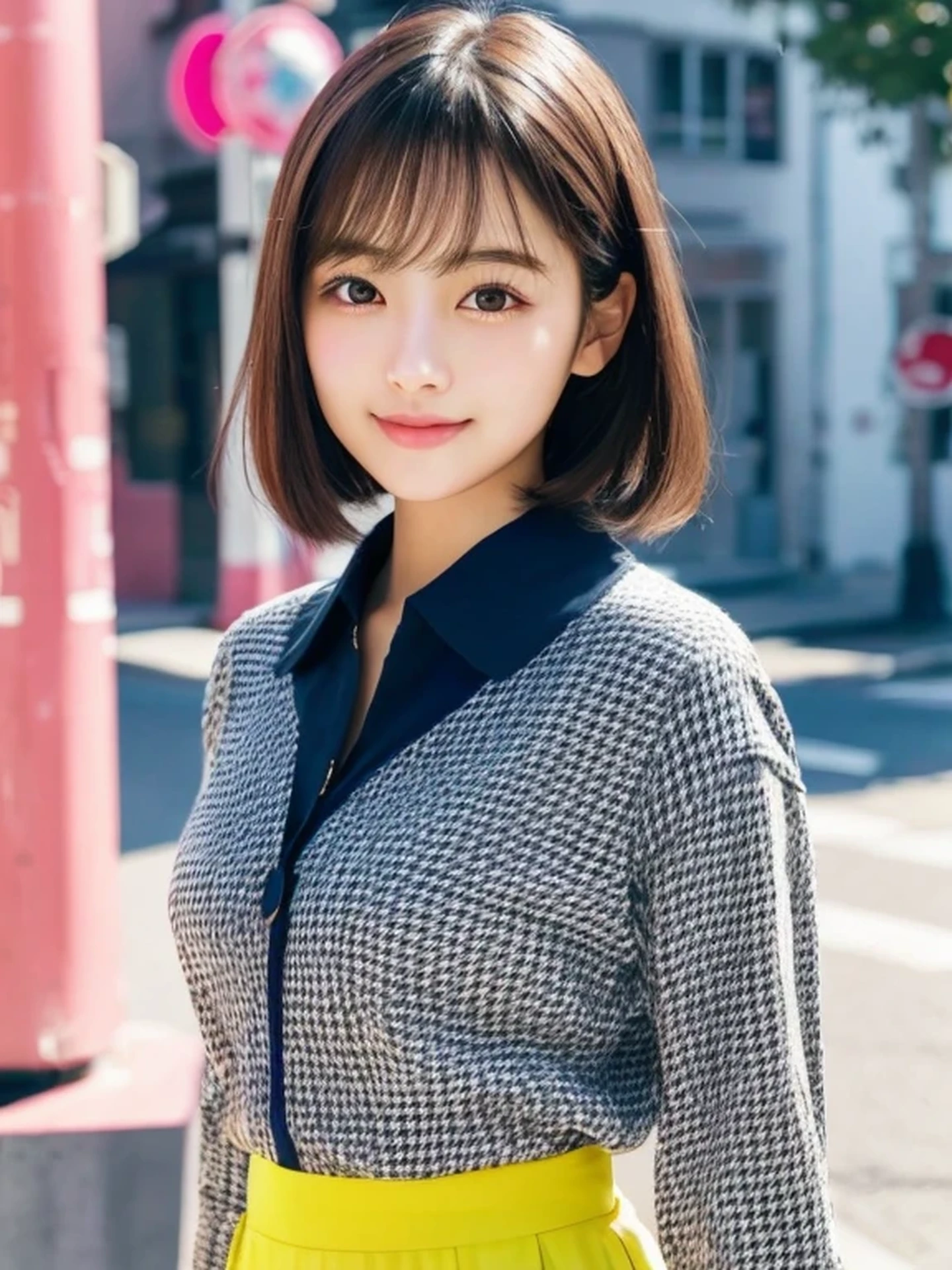 Beautiful Japanese Woman, Soft skin and a nice perfect face, A small face with a nose and rosy lips, Beautiful Eyes, Beautiful smile. black, Surrounded by a bright, ethereal glow、Thin, long, beautiful hair. A loose, short hairstyle with gradation highlights and layers of greyish beige, Navy band collar shirt x yellow houndstooth flare skirt, Bright neon colorful background, Hyperrealistic female photos, High quality high resolution 8K masterpiece