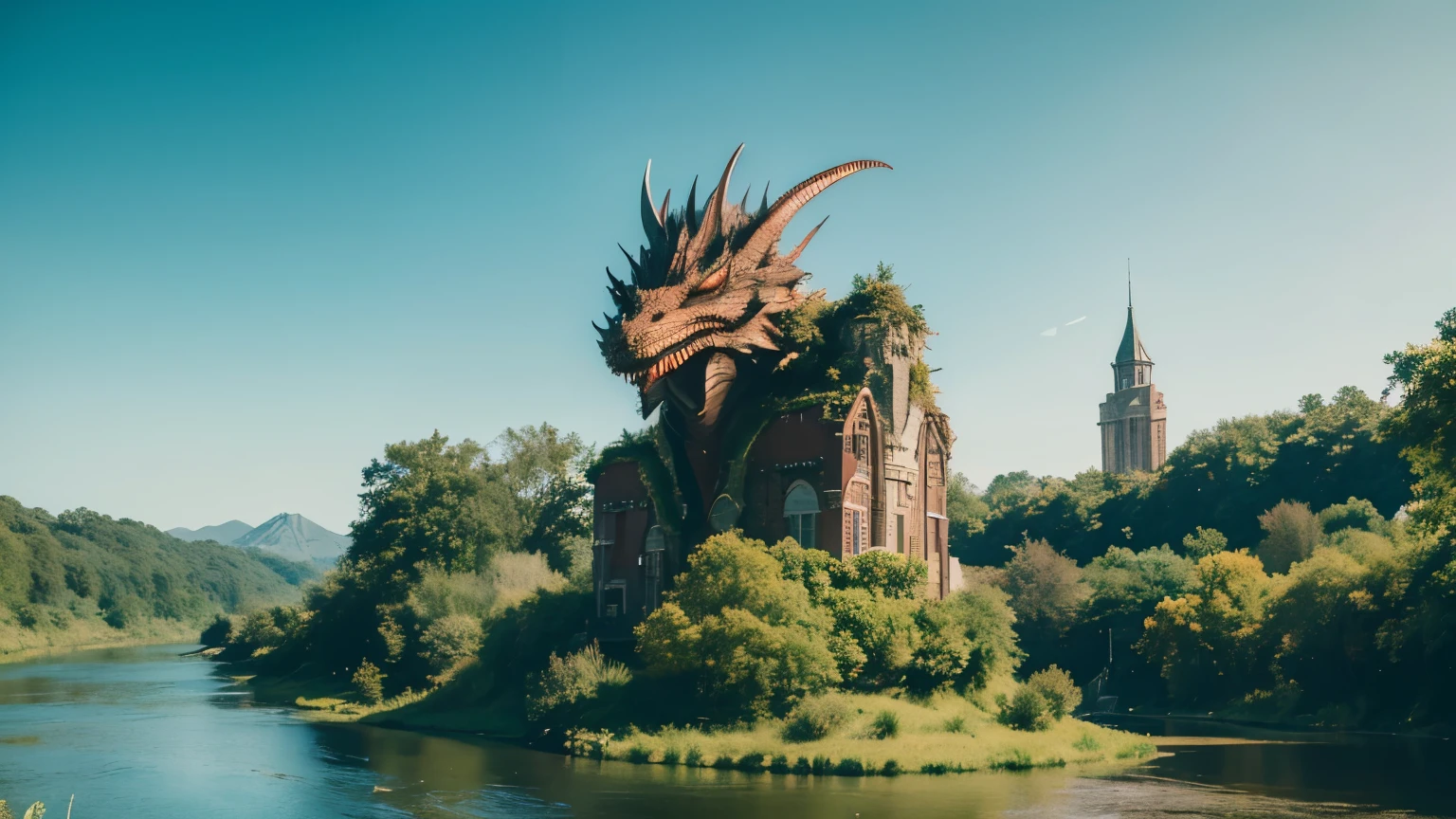 ，A bunch of people with dragon heads growing out of their bodies standing by the river，Weird，Camera Filters