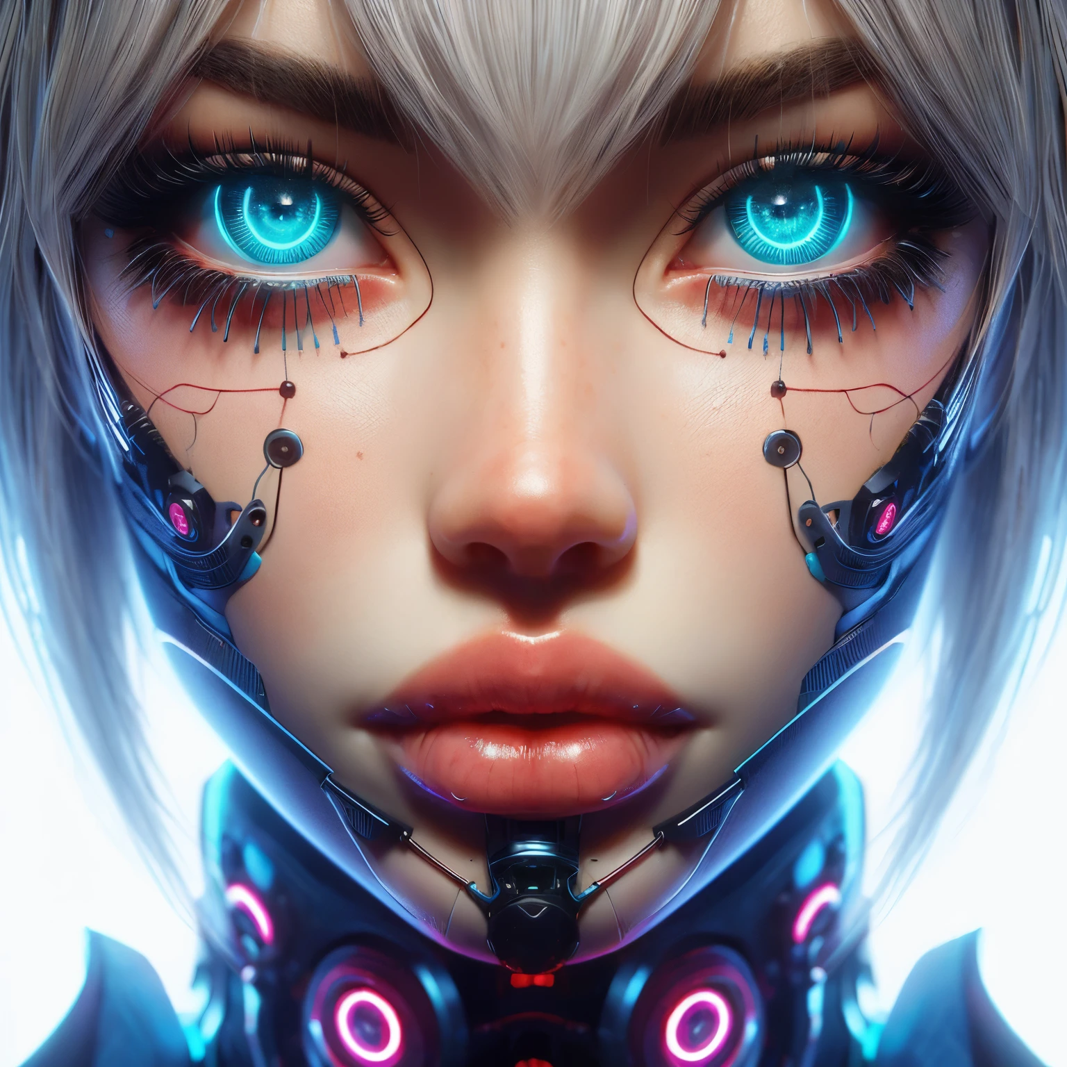 Motor irreal:1.4,CG ultra realista K, fotorrealista:1.4, textura da pele:1.4, obra prima:1.4, Woman 30 years white hair (Dua Lipa pov) looking at the viewer, very short hair, low-cut cyber bodysuit, (extremely detailed face), from front, 8k resolution, super detailed, High quality, full white background, abstract background, lip filler, sexy lips, big lips, beautiful, medium breasts, no bra, blue eye, neon clothes, cyberpunk, backlight, cyberpunk girl, crystal clear eyes, perfect eyes, perfect teeth