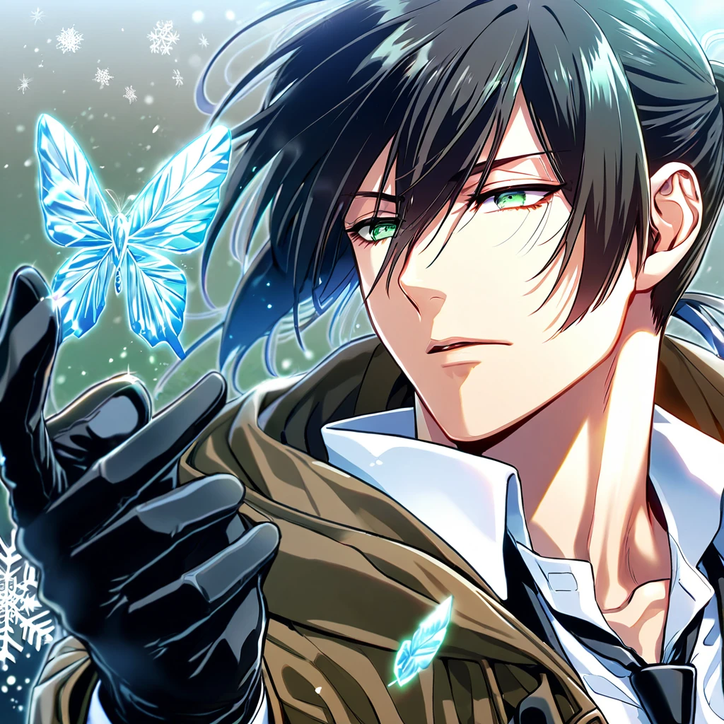 Ultra detailed, HDR, Highres, absurdres, master piece, Ginoza Nobushika, black hair tied in a ponytail, expressive green eyes, Psycho Pass, ice butterflies, winter, ice, snowflakes, white flowers, sexy man, solo, extremely detailed face and eyes, handsome, glittering, toned chest, white shirt, brown coat, black necktie, black gloves