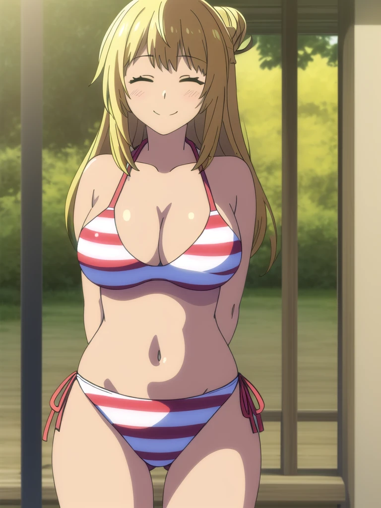 (((Best quality))),((Ultra-detailed)),((illustration)),((Disheveled hair)),((frilld)),(1 girl),
1girl,arms behind back,bikini,blonde hair,breasts,brown hair,cleavage,closed eyes,collarbone,facing viewer,hair bun,large breasts,long hair,navel,side-tie bikini,side-tie panties,smile,solo,striped,striped bikini,striped swimsuit,swimsuit,
