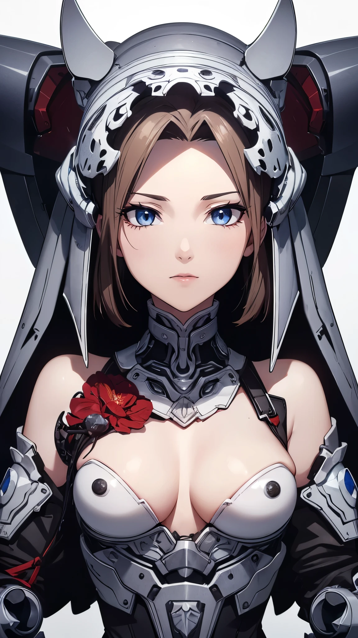 ((8K resolution))、((highest quality))、((masterpiece))、((Very detailed))((((dramatic))), (Anatomically correct)、The depth of the object to write、Looking at the camera、front、(woman、Mechanical bones格、Mechanical boneechanical Cervical Vertebra、Long and thin、lipstick、Spit sludge from the mouth、Bloody)、spooky、an  ominous、((theme、whole body:1.1)), SF、Design、White Background