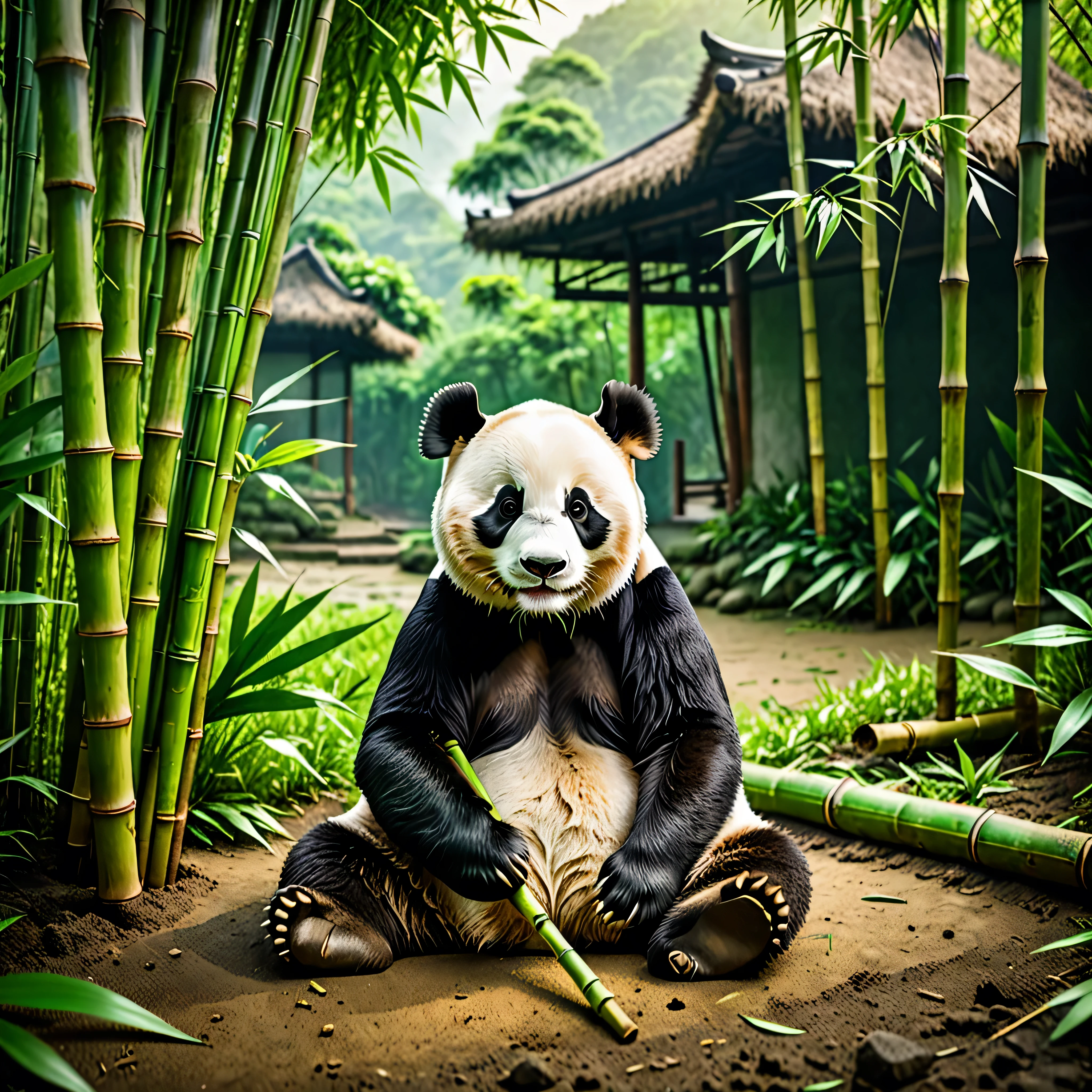A panda sitting on the dirt floor holding bamboo, several bamboos around with green scenery, green filter in place, photorealistic, 8k, high quality, detailed, cinematic lighting, lush green foliage, intricate details, natural environment, peaceful atmosphere, environmental portrait