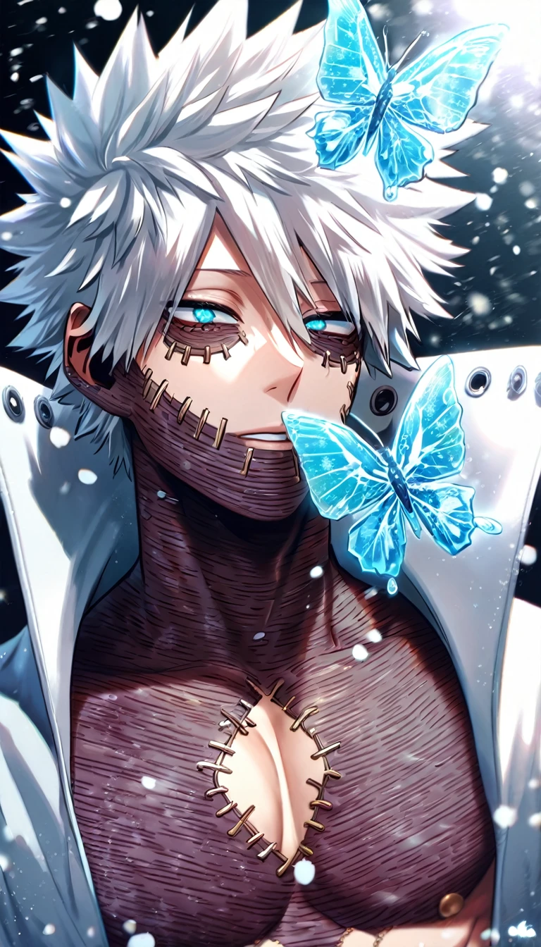 absurdres, highres, ultra detailed, HDR, master piece, best quality, Dabi, white hair spiked around his head, expressive turquoise eyes, Boku No Hero Academia, solo, sexy man, handsome, toned chest, white jacket with high collar, patterns, ice, ice butterflies, snowing, snowflakes, magical, ice flowers