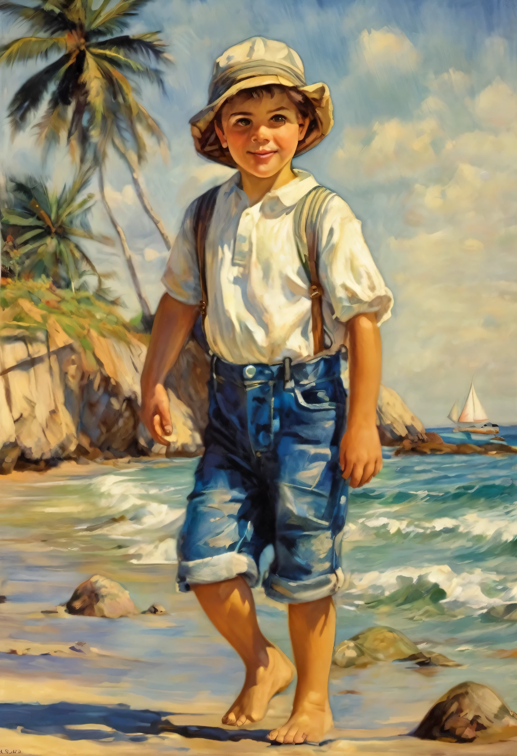 menino lindo, andando numa praia, de bermuda jeans, e camiseta, bem detalhado, rosto perfeito, obra prima, leonardo da vinci, chirico, renoir