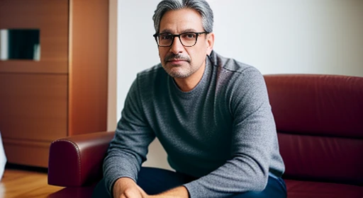 a handsome man, 48 years old, gray hair, brown eyes, wears glasses, is sitting, in the background there is a beautiful living room, he is in front, well dressed