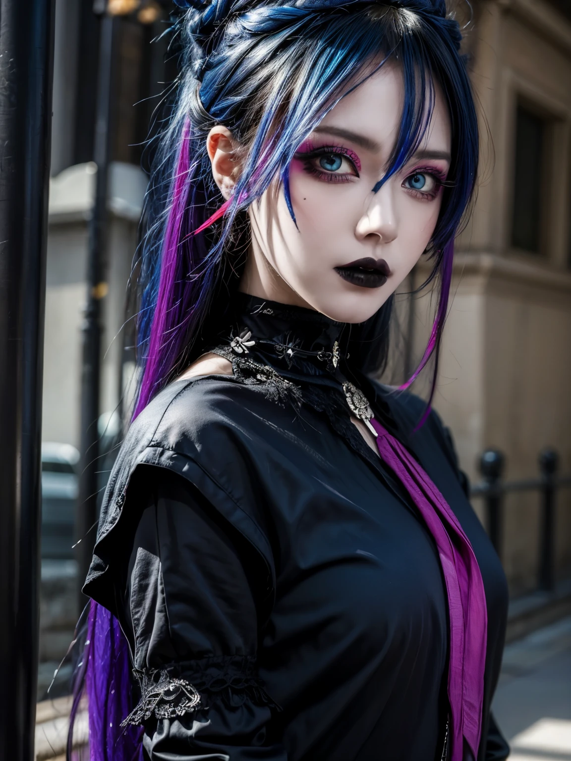 Goth style girl, rebelious character, vibrant colors, strong eye contact, upper body