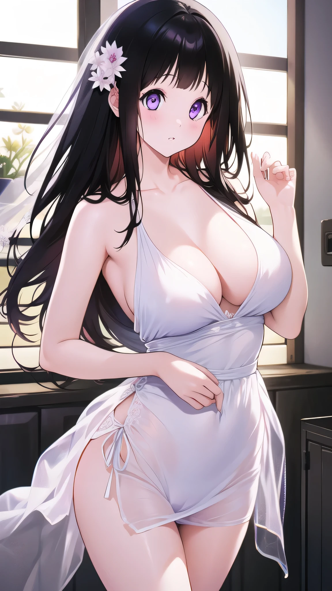 Amazing Chitanda, There is only one beautiful girl,Purple Eyes, Black Hair, Very red face,Very white skin,Glowing skin,Skin as delicate as porcelain,Naturally straight hair, Straight bangs,Extremely refined,Open lips,Long flowing hair,Beautiful Girl, Like a dream,Slim,Slim waist,Soft, (Sensual), (Kawaii), Dream quality,Beautiful big breasts,Areola,Completely naked,Wearing a transparent wedding dress,Flower decoration,Deep V neckline,Loose neckline,Wide neckline,in the locker room,window,Full-length lens,Raise your hands,Show armpit,armpit,Light transmission,no pants,pussy juice,Bare shoulders,Bare neck,Exposed collarbone,Exposing breasts,Exposing breasts side,Show your waist,Show your buttocks,Show your thighs,Exposing the groin,No pants,extremely shy,Ultra-high resolution, (masterpiece:1.2, best quality), (Delicate and beautiful eyes: 1.2), (Beautiful and delicate face)