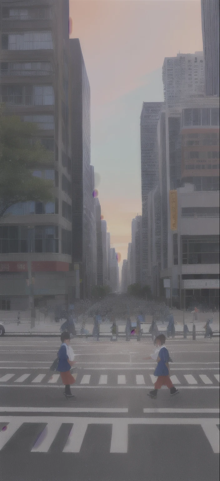 阿拉富尔俯视着一条City Streets， Modern Chicago streets, Standing in the park, City Streets, 阳光明媚的City Streets, urban photography, Background is sunny street, colored photography, in the park， 4 children，Children are crossing the road to school